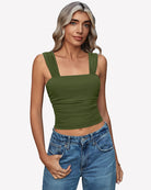 Olive green mesh square-neck ruched crop tank top with thin straps