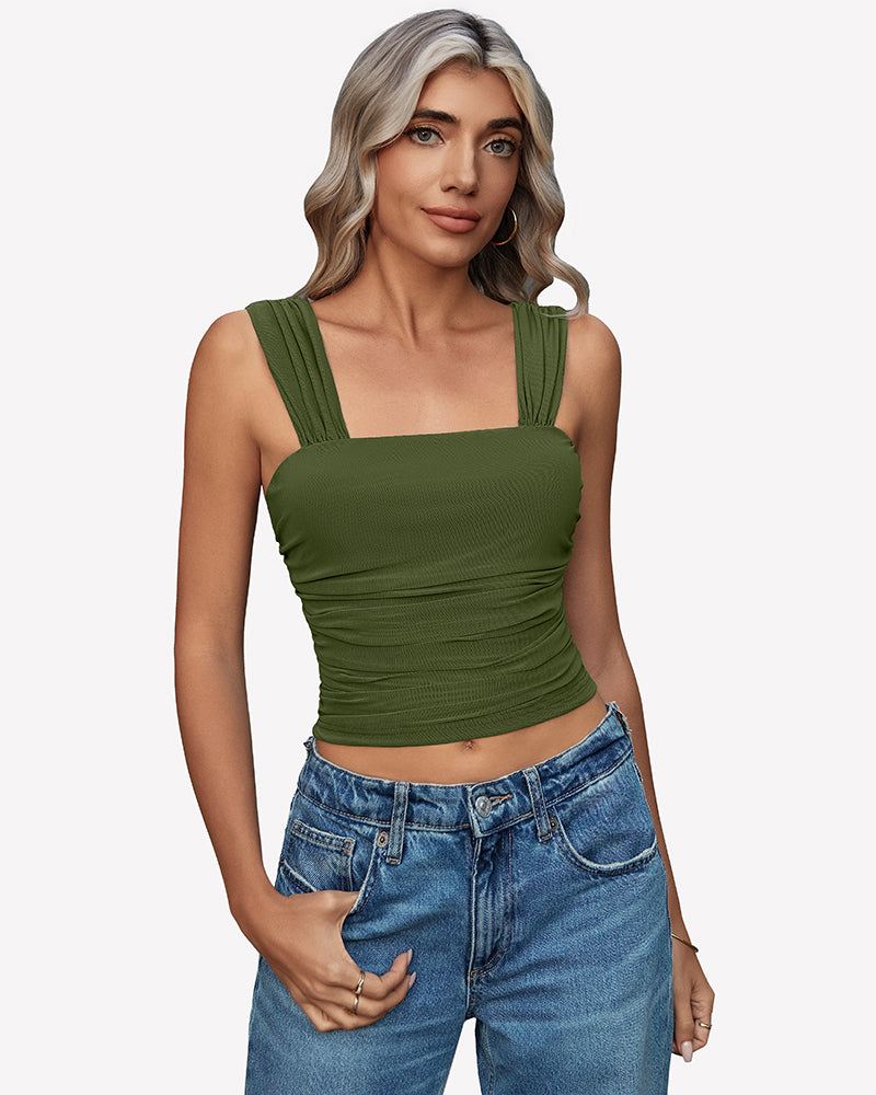 Olive green mesh square-neck ruched crop tank top with thin straps