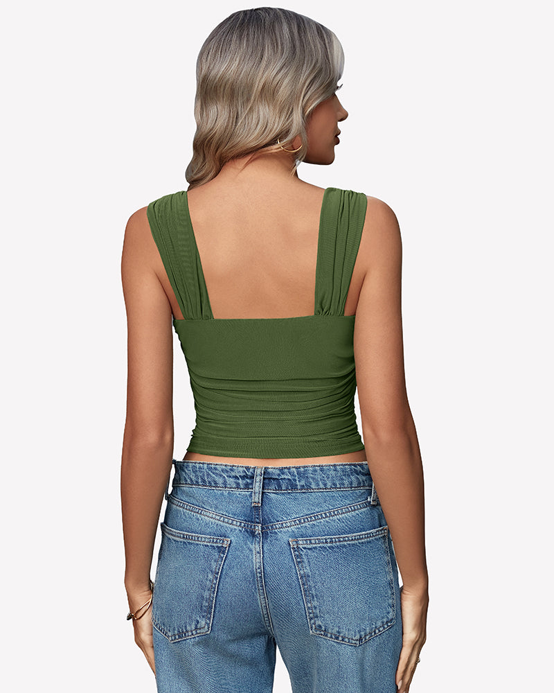 Olive green mesh square-neck ruched crop tank top back view with thin straps
