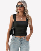 Black mesh square-neck ruched crop tank top with thin straps