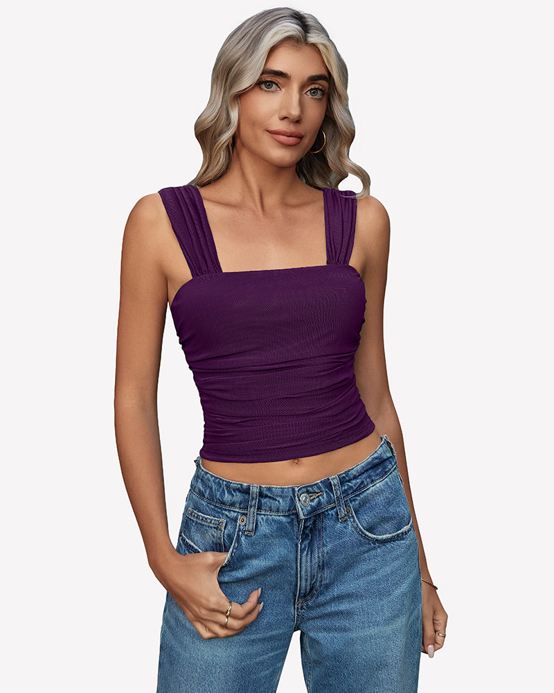 Purple mesh square-neck ruched crop tank top with thin straps