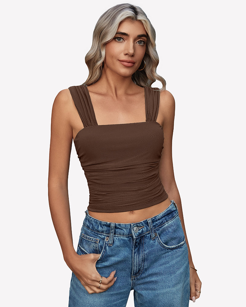 Brown mesh square-neck ruched crop tank top with thin straps