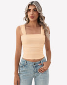 Nude mesh square-neck ruched crop tank top with thin straps