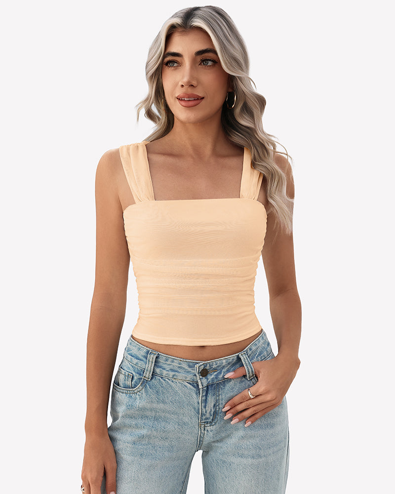 Nude mesh square-neck ruched crop tank top with thin straps