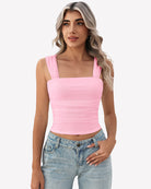 Pink mesh square-neck ruched crop tank top with thin straps