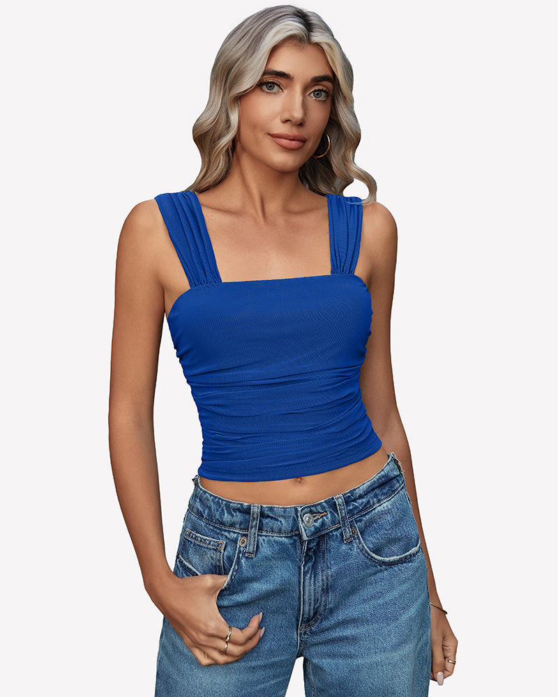Blue mesh square-neck ruched crop tank top with thin straps