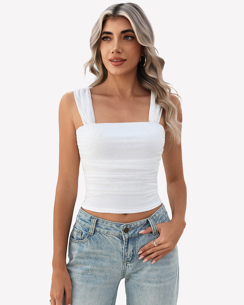 White mesh square-neck ruched crop tank top with thin straps