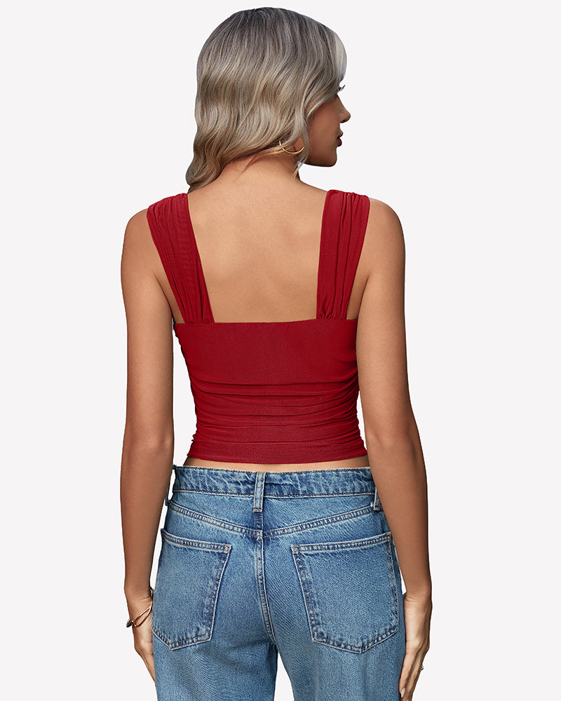 Burgundy square-neck ruched mesh crop tank top with open back and thin straps