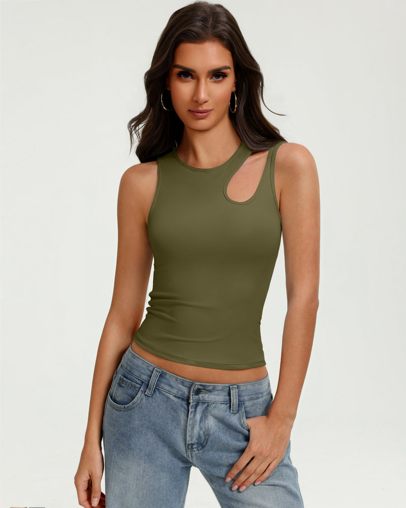 Fitted army green hollow-out crop tank top with keyhole cutout at chest, sleeveless.