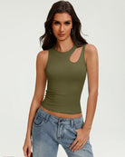 Fitted army green hollow-out crop tank top with keyhole cutout at chest, sleeveless.