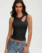 Fitted black hollow-out crop tank top with keyhole chest cutout and sleeveless fit.