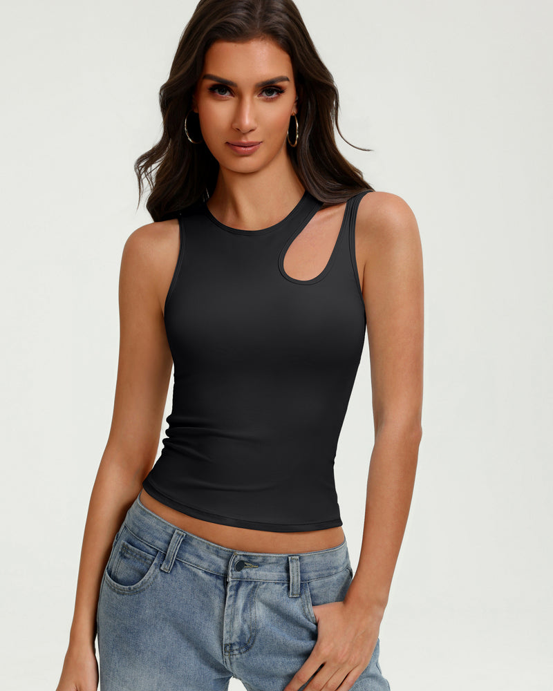 Fitted black hollow-out crop tank top with keyhole chest cutout and sleeveless fit.