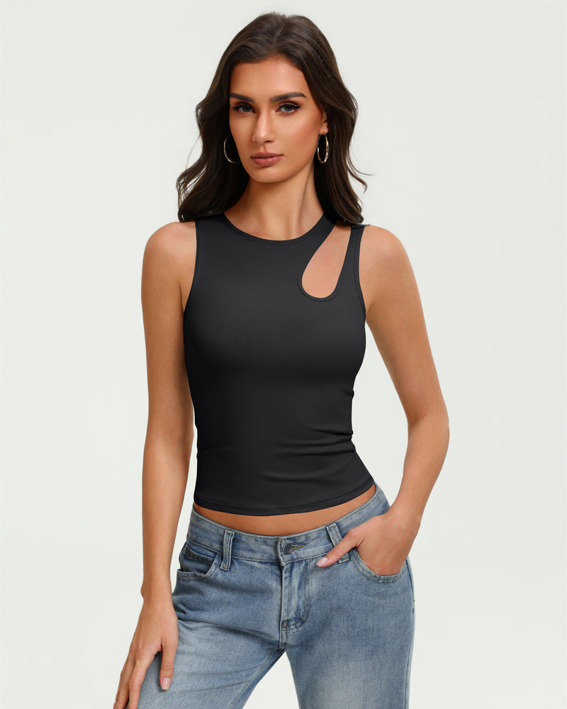 Fitted black hollow-out crop tank top with keyhole cutout at chest, sleeveless.