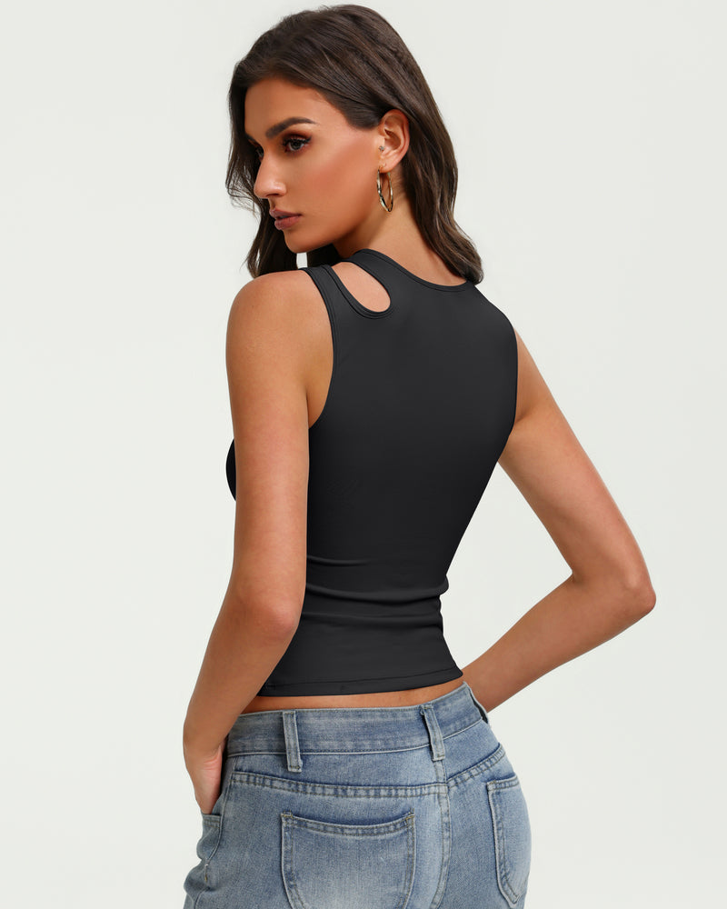 Fitted black hollow-out crop tank top with keyhole chest cutout, sleeveless design.