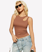 Brown hollow-out crop tank top with sleeveless keyhole neckline