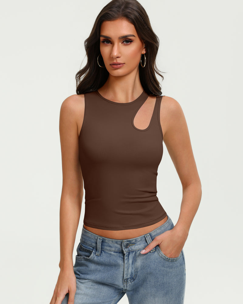 Fitted brown hollow-out crop tank top with keyhole cutout at chest, sleeveless.