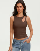 Fitted brown hollow-out crop tank top with keyhole cutout at chest, sleeveless.