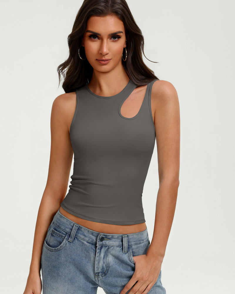 Fitted deep grey hollow-out crop tank top with keyhole cutout at chest, sleeveless.
