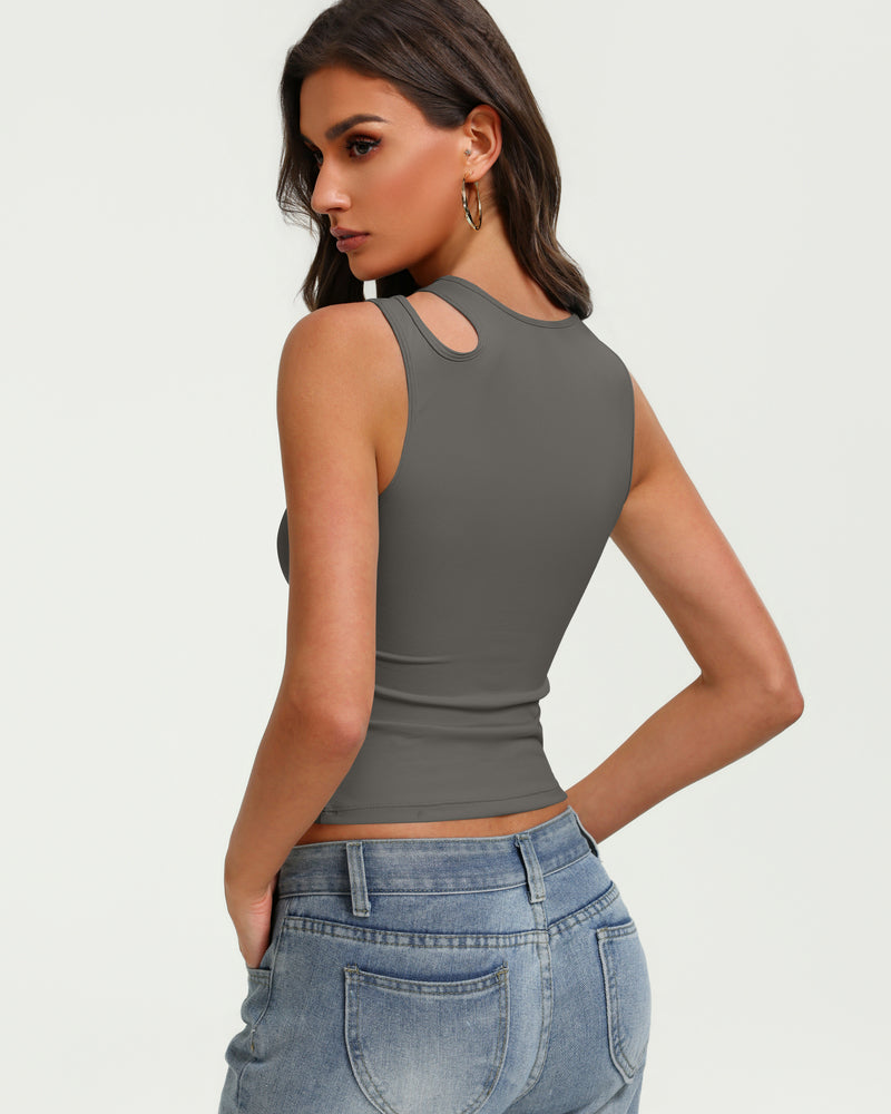 Dark gray hollow-out crop tank top with sleeveless crew neckline, back view