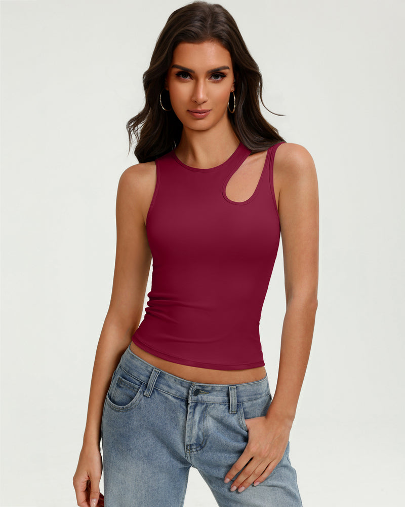 Burgundy hollow-out crop tank top with sleeveless crew neckline