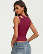 Fitted cropped tank top with hollow oval back cutout, sleeveless, burgundy