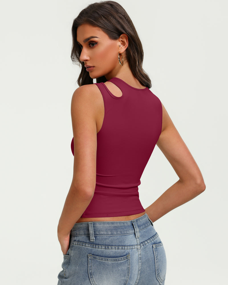Fitted cropped tank top with hollow oval back cutout, sleeveless, burgundy