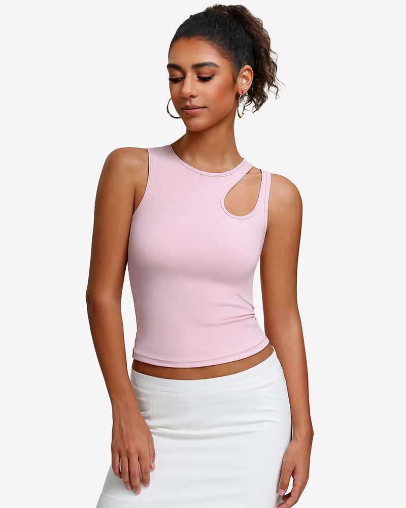 Light pink hollow-out crop tank top with sleeveless crew neckline