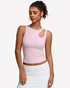 Light pink hollow-out crop tank top with sleeveless crew neckline