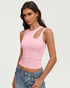 Fitted pink hollow-out crop tank top with keyhole cutout at chest, sleeveless.