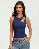 Fitted navy blue hollow-out crop tank top with keyhole cutout at chest, sleeveless.