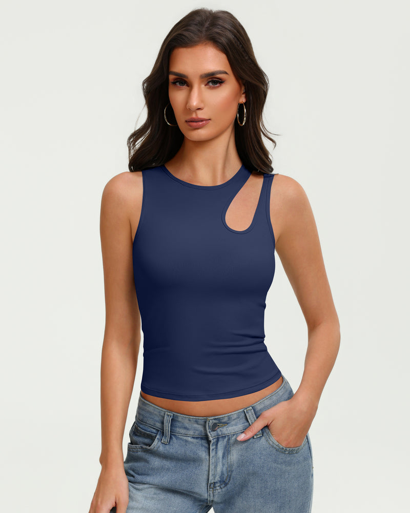 Fitted navy blue hollow-out crop tank top with keyhole cutout at chest, sleeveless.