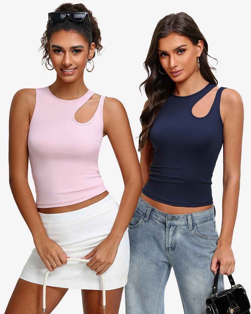 Two women’s hollow-out crop tank tops: light pink and navy blue