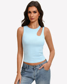 Light blue hollow-out crop tank top with sleeveless crew neckline