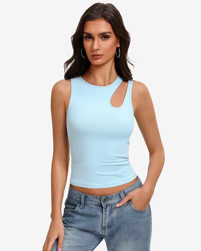 Light blue hollow-out crop tank top with sleeveless crew neckline