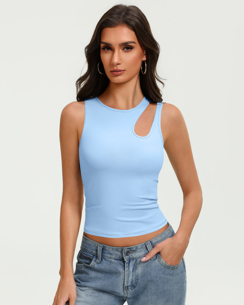 Fitted light blue hollow-out crop tank top with keyhole cutout at chest, sleeveless.
