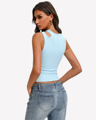 Light blue hollow-out crop tank top with sleeveless crew neckline, back view