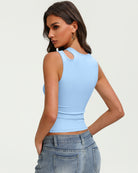 Fitted cropped tank top with hollow oval back cutout, sleeveless, light blue