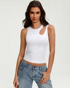 Fitted white hollow-out crop tank top with keyhole cutout at chest, sleeveless.