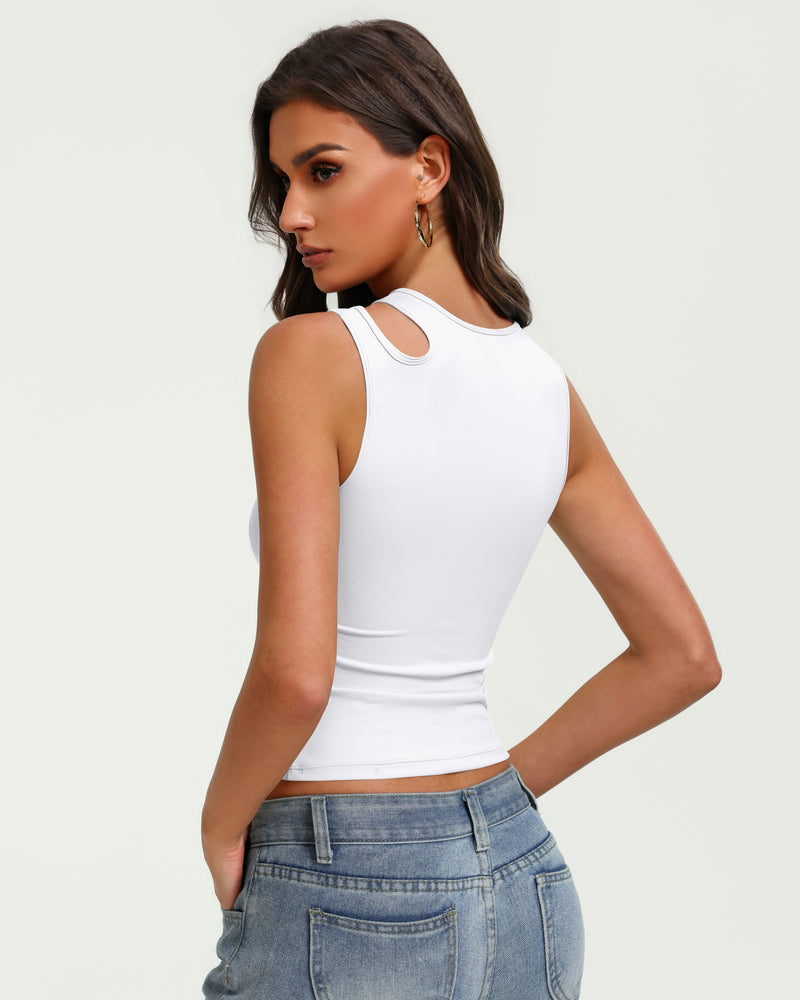 Fitted cropped tank top with hollow oval back cutout, sleeveless, white