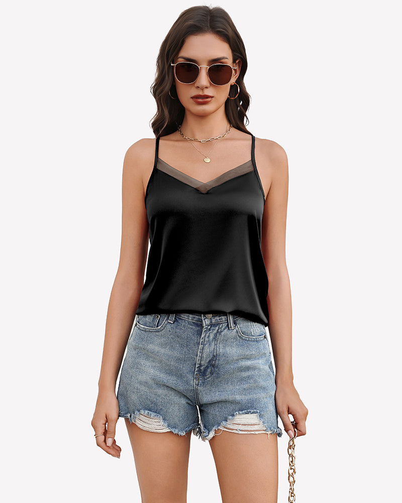 Silk satin tank top with mesh V-neck, black, spaghetti straps, relaxed fit