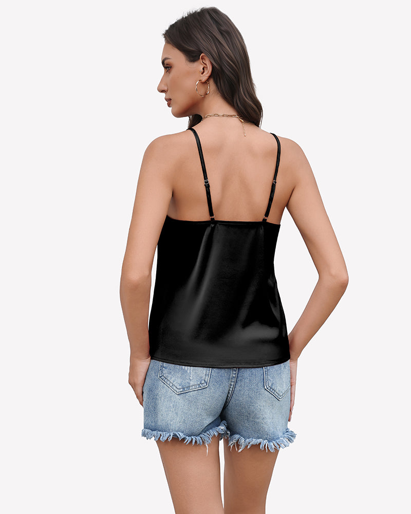 Silk satin tank top with mesh V-neck, black back view, adjustable spaghetti straps