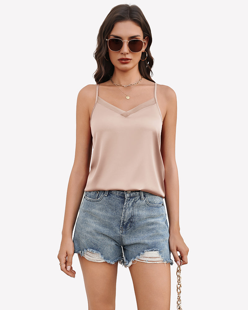 Silk satin tank top with mesh V-neck, champagne, spaghetti straps