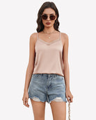 Silk satin tank top with mesh V-neck, champagne, spaghetti straps