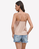 Silk satin tank top with mesh V-neck, champagne back view, thin straps