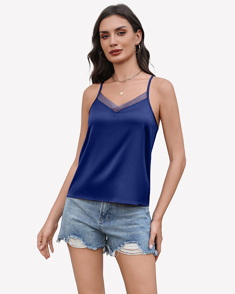 Silk satin tank top with mesh V-neck, blue, spaghetti straps, relaxed fit