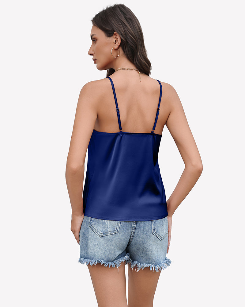 Silk satin tank top with mesh V-neck, blue back view, spaghetti straps