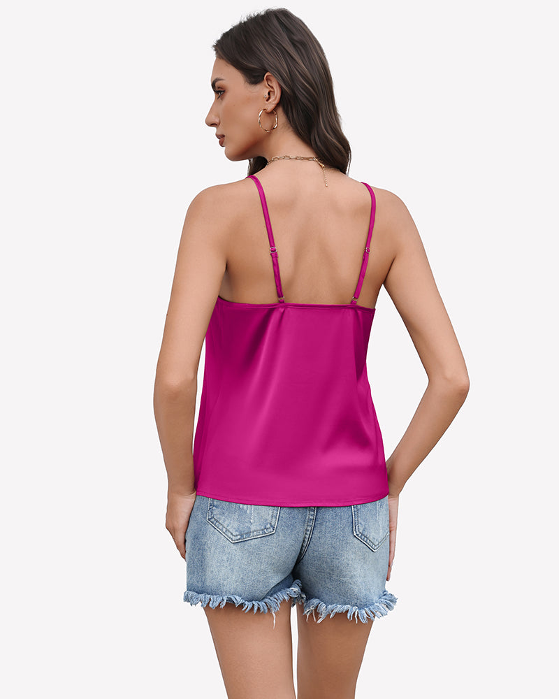 Silk satin tank top with mesh V-neck, magenta, back view with spaghetti straps