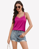 Silk satin tank top with mesh V-neck, magenta, spaghetti straps, relaxed fit
