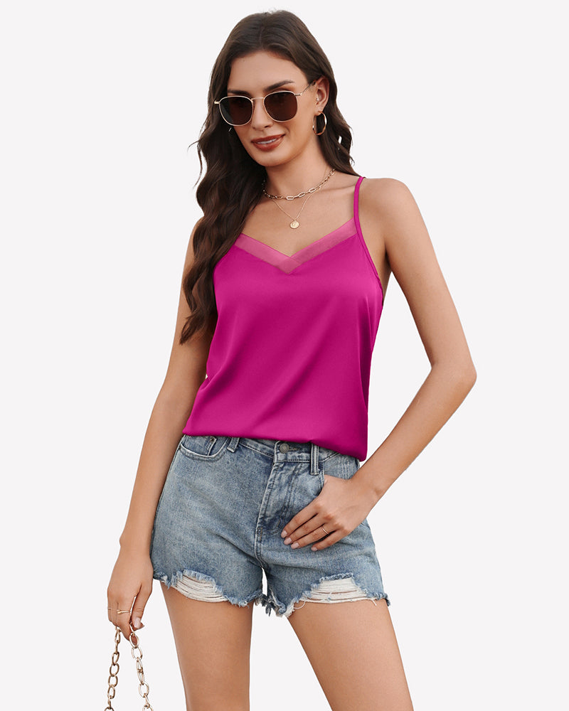 Silk satin tank top with mesh V-neck, magenta, spaghetti straps, relaxed fit