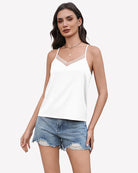 Silk satin tank top with mesh V-neck, white, spaghetti straps, relaxed fit